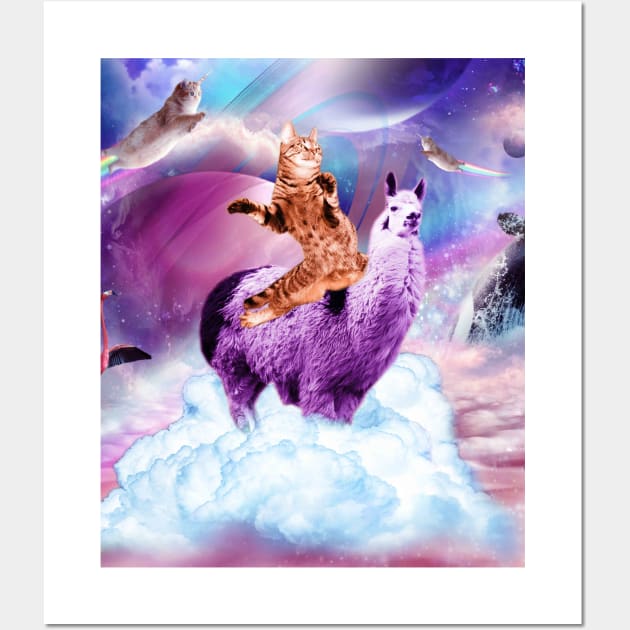 Kitty Cat Riding On Rainbow Llama In Space Wall Art by Random Galaxy